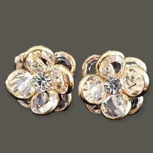 Vintage Austrian Crystal Flower Gold Tone Clip On Earrings